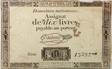 France 10 Livres Noir - Filigrane République (24-10-1792) - Sign. Taisaud - Série 13297 - PTB
