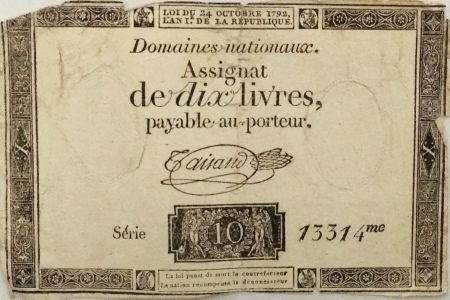 France 10 Livres Noir - Filigrane République (24-10-1792) - Sign. Taisaud - Série 13314 - B+