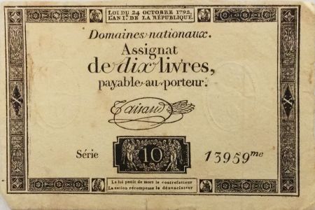 France 10 Livres Noir - Filigrane République (24-10-1792) - Sign. Taisaud - Série 13959 - TB+