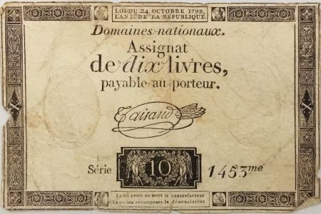 France 10 Livres Noir - Filigrane République (24-10-1792) - Sign. Taisaud - Série 1453 - B+
