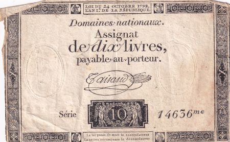 France 10 Livres Noir - Filigrane République (24-10-1792) - Sign. Taisaud - Série 14636