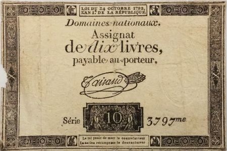 France 10 Livres Noir - Filigrane République (24-10-1792) - Sign. Taisaud - Série 3797 - B+