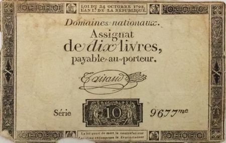 France 10 Livres Noir - Filigrane République (24-10-1792) - Sign. Taisaud - Série 9677 - B+