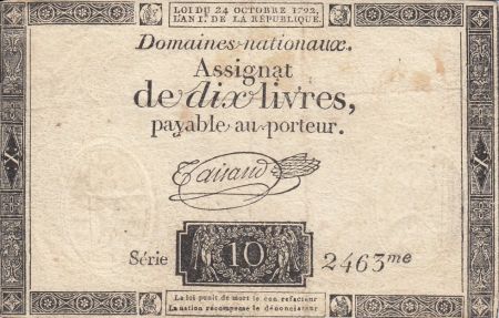France 10 Livres Noir - Filigrane République (24-10-1792) - Sign. Taisaud