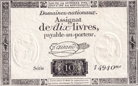 France 10 Livres Noir - Filigrane République (24-10-1792) - SPL - Sign. Taisaud