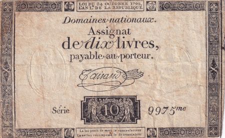 France 10 Livres Noir - Filigrane République (24-10-1792) - TB - Sign. Taisaud