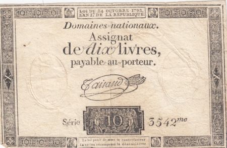 France 10 Livres Noir - Filigrane République (24-10-1792) - TTB - Sign. Taisaud