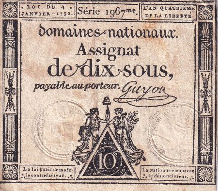 France 10 Sous - Femmes, bonnet frigien (04-01-1792)  - Sign. Guyon - Série 1967 - L.148