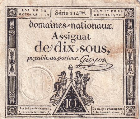 France 10 Sous - Femmes, bonnet frigien (24-10-1792)  - Sign. Guyon - Série 114 - L.159