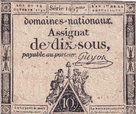 France 10 Sous - Femmes, bonnet frigien (24-10-1792)  - Sign. Guyon - Série 1497 - L.159