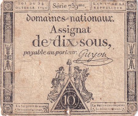 France 10 Sous - Femmes, bonnet frigien (24-10-1792)  - Sign. Guyon - Série 739 - L.159