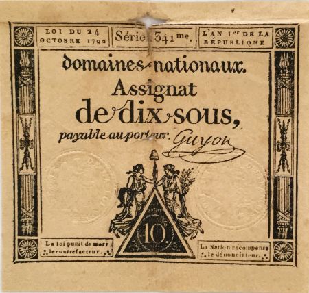 France 10 Sous Femmes, bonnet phygien (24-10-1792) - Sign. Guyon - Série 1341 - TB