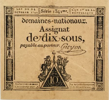 France 10 Sous Femmes, bonnet phygien (24-10-1792) - Sign. Guyon - Série 1341 - TTB