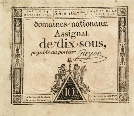 France 10 Sous Femmes, bonnet phygien (24-10-1792) - Sign. Guyon - Série 1627 - SUP+