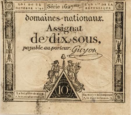 France 10 Sous Femmes, bonnet phygien (24-10-1792) - Sign. Guyon - Série 1627 - TTB