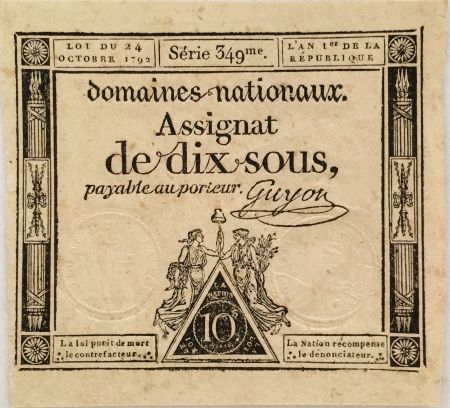 France 10 Sous Femmes, bonnet phygien (24-10-1792) - Sign. Guyon - Série 349 - SPL