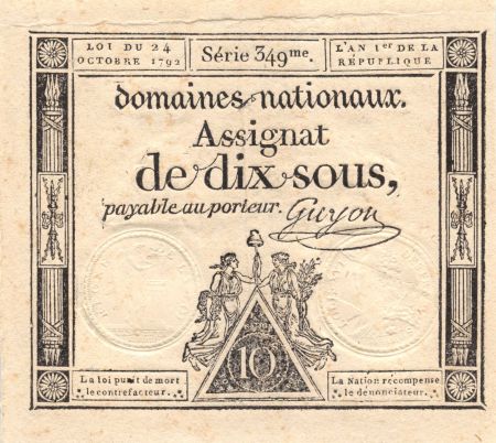 France 10 Sous Femmes, bonnet phygien (24-10-1792) - Sign. Guyon - Série 349 - SUP