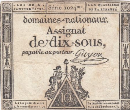 France 10 Sous Noir (04-01-1792) - Sign. Guyon Série 1024