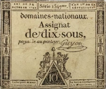 France 10 Sous Noir (24-10-1792) - Sign. Guyon Série 1547 - PTB
