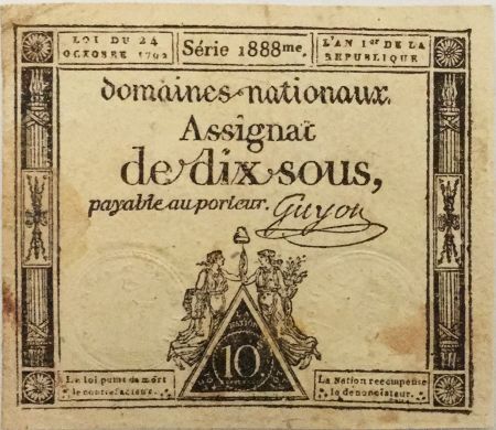 France 10 Sous Noir (24-10-1792) - Sign. Guyon Série 1888 - TB