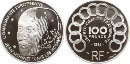 France 100 Francs  - 15 Ecus - Argent Jean Monnet - 1992