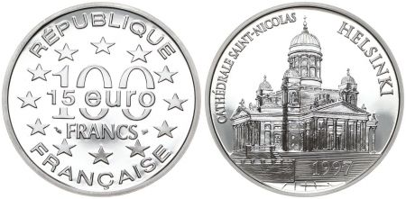 France 100 Francs - 15 Euros  - Cathédrale Saint Nicolas - Helsinki - 1997 - Argent - avec certificat