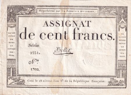 France 100 Francs - 18 Nivose An III - (07.01.1795) - Sign. Bellet - Série 2331 - L.173