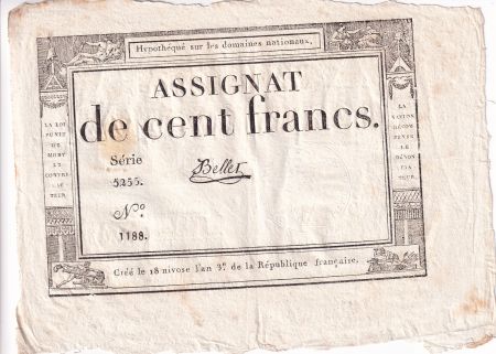 France 100 Francs - 18 Nivose An III - (07.01.1795) - Sign. Bellet - Série 5255