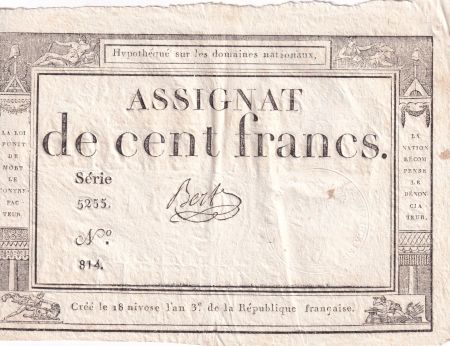 France 100 Francs - 18 Nivose An III - (07.01.1795) - Sign. Bert - L.173