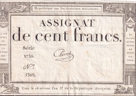 France 100 Francs - 18 Nivose An III - (07.01.1795) - Sign. Chevrot - L.173