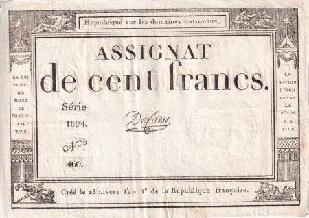 France 100 Francs - 18 Nivose An III - (07.01.1795) - Sign. De Caen - L.173