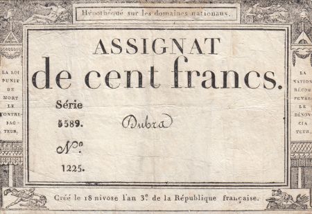 France 100 Francs - 18 Nivose An III - (07.01.1795) - Sign. Dubra - L.173 - Série 5589