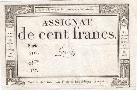 France 100 Francs - 18 Nivose An III - (07.01.1795) - Sign. Farcy - L.173 - Série 3117
