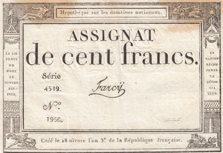 France 100 Francs - 18 Nivose An III - (07.01.1795) - Sign. Farcy - L.173 - Série 4519