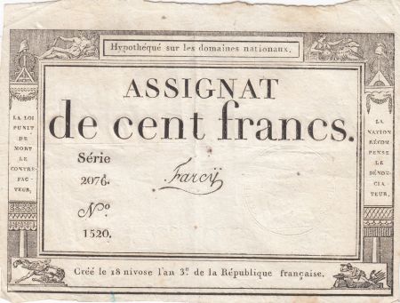 France 100 Francs - 18 Nivose An III - (07.01.1795) - Sign. Farcy- Série 2076