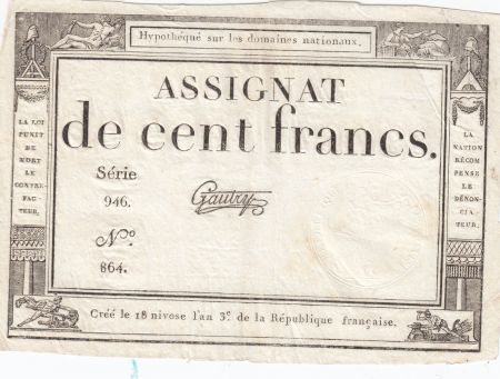 France 100 Francs - 18 Nivose An III - (07.01.1795) - Sign. Gautry - L.173 - Série 946