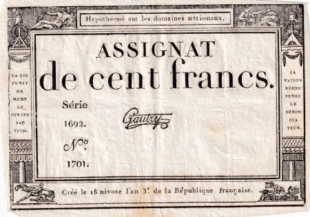 France 100 Francs - 18 Nivose An III - (07.01.1795) - Sign. Gautry - Série 1692 - L.173