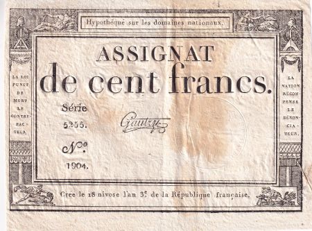 France 100 Francs - 18 Nivose An III - (07.01.1795) - Sign. Gautry - Série 5255 - L.173