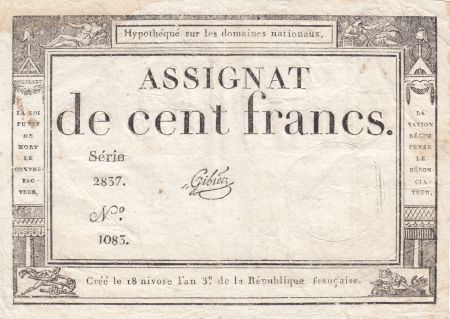 France 100 Francs - 18 Nivose An III - (07.01.1795) - Sign. Gibier - Série 2837