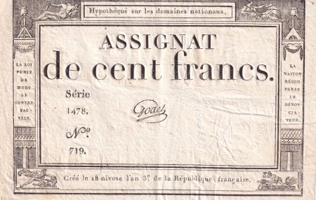 France 100 Francs - 18 Nivose An III - (07.01.1795) - Sign. Godet - Série 1478 - L.173