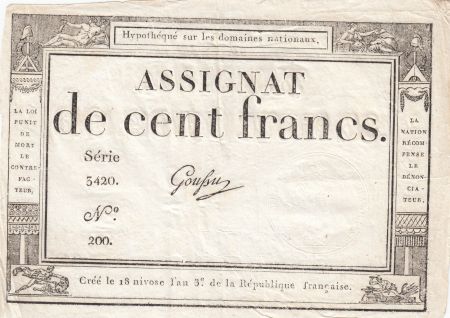 France 100 Francs - 18 Nivose An III - (07.01.1795) - Sign. Goussu - Série 3420