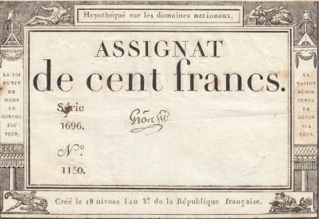 France 100 Francs - 18 Nivose An III - (07.01.1795) - Sign. Gros - Série 1696