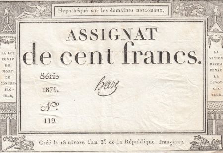France 100 Francs - 18 Nivose An III - (07.01.1795) - Sign. Haze - L.173 - Série 1879