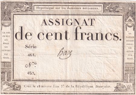 France 100 Francs - 18 Nivose An III - (07.01.1795) - Sign. Haze - Série 461 - L.173
