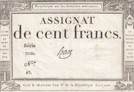 France 100 Francs - 18 Nivose An III - (07.01.1795) - Sign. Haze- Série 3920