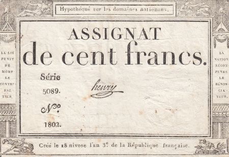France 100 Francs - 18 Nivose An III - (07.01.1795) - Sign. Henry - L.173 - Série 5089