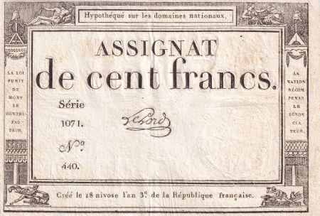 France 100 Francs - 18 Nivose An III - (07.01.1795) - Sign. Lehord - Série 1071 - L.173