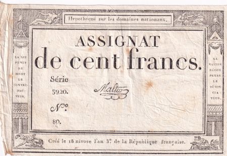France 100 Francs - 18 Nivose An III - (07.01.1795) - Sign. Malter - Série 3920 - L.173