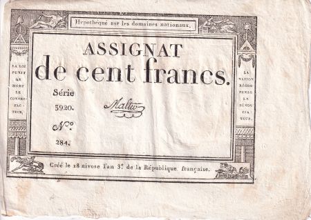 France 100 Francs - 18 Nivose An III - (07.01.1795) - Sign. Malter - Série 3920