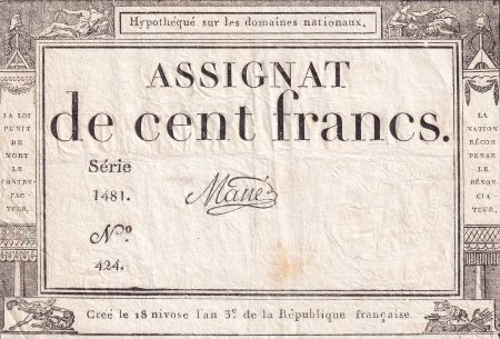 France 100 Francs - 18 Nivose An III - (07.01.1795) - Sign. Mané - Série 1481 - L.173